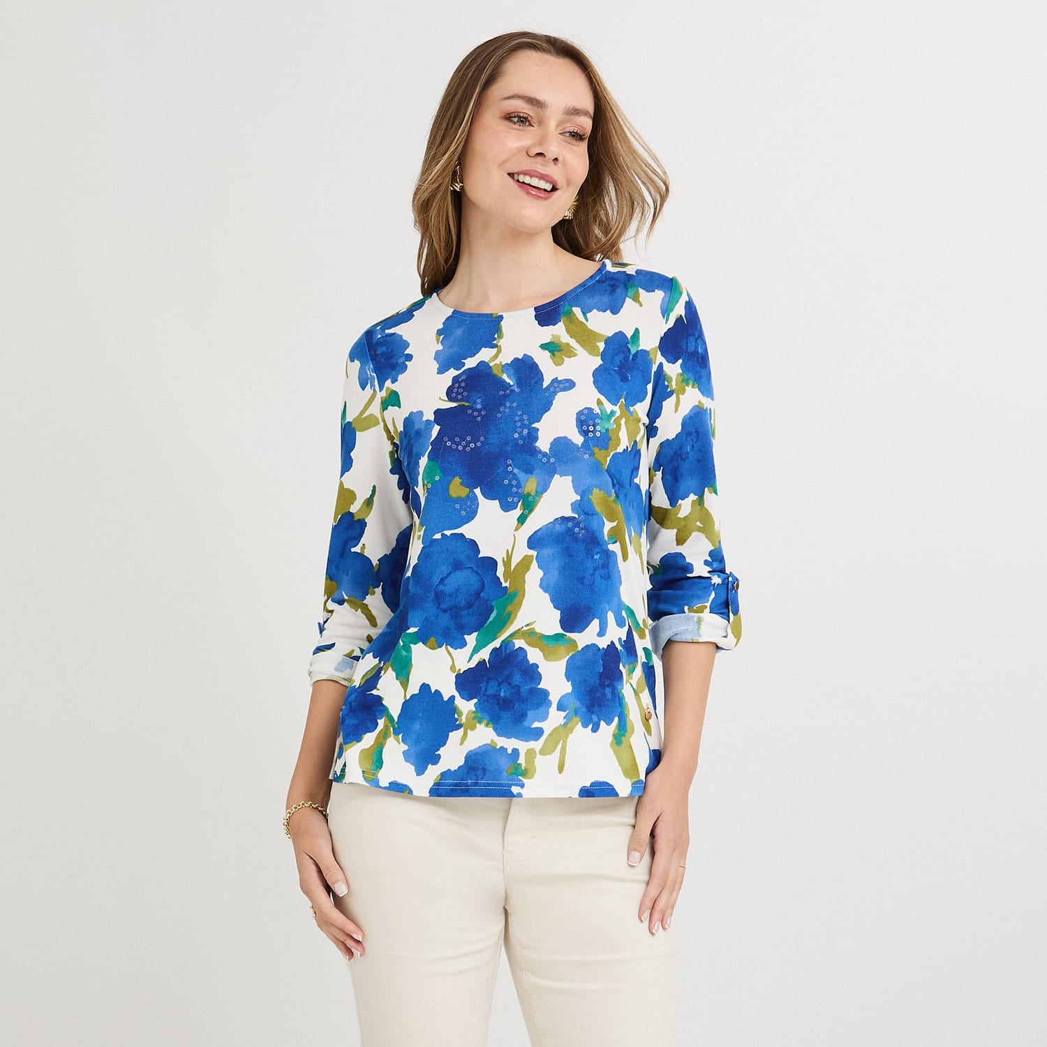 Polera Lanilla Estampada con Aplicación de Lentejuelas Azul